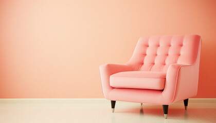 Elegant peach pink armchair in a minimalist room with a soft hued orange wall and light wooden flooring