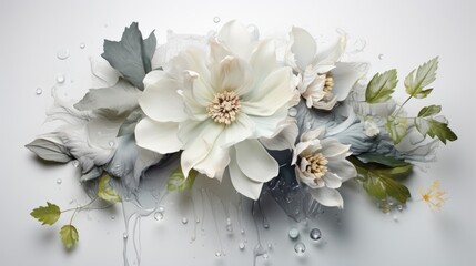 White Flower with a leaf in the middle dripping paint splash on a bright background. - obrazy, fototapety, plakaty