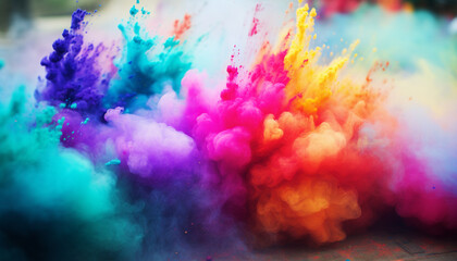 Explosion of vibrant color powder clouds in pink, orange, yellow, blue, and purple hues