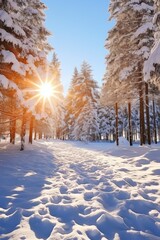 Sunlight streaming through the trees in a snowy landscape. Perfect for winter-themed designs and nature-inspired projects