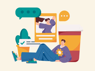 Virtual characters social communication concept business flat vector hand drawn illustration
