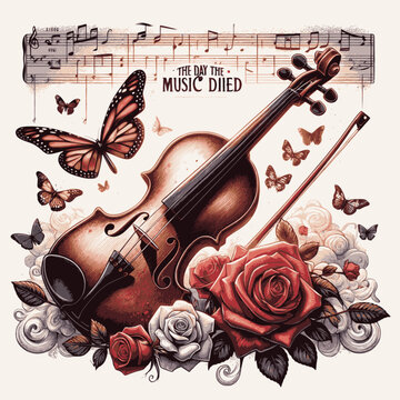 illustration themed around February 3rd's "The Day the Music Died," commemorating the tragic plane crash in 1959