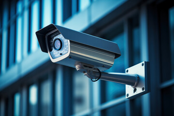 CCTV security camera that installed on the building with city environment background. It for recording and monitoring the criminals scene - obrazy, fototapety, plakaty
