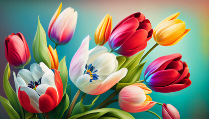 Spring tulip bouquet on blurred bokeh background, isolated flowers. Bright colourful composition. Generative AI