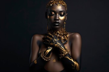 Beautiful African woman with black skin body art.