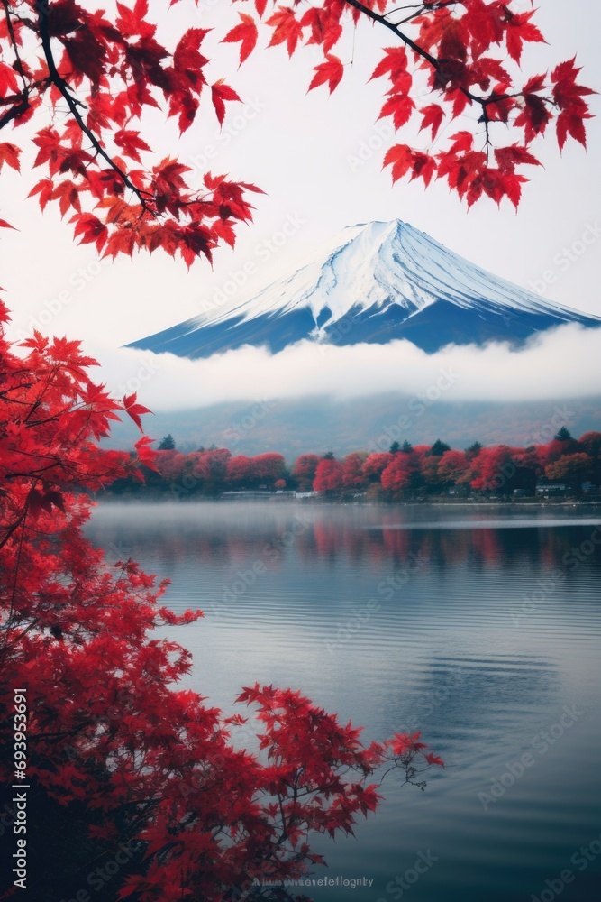 Poster a scenic view of a mountain with vibrant red leaves in the foreground. perfect for nature enthusiast