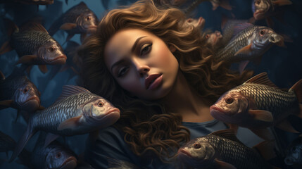 Woman Surrounded by Fish, Underwater Serenity, Pisces zodiac - obrazy, fototapety, plakaty