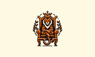 Obraz premium tiger wearing crown sit down on king chair vector flat design