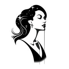 Girl woman mystic vector portrait profile head face silhouette with natural hair, vintage drawing illustration luxury concept in black colors isolated on white Logo for beauty salon T shirt print
