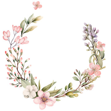 Watercolor wreaths with pink wild spring flowers for Valentines day romantic illustration