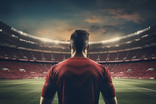 Rear view of a football player within the soccer stadium