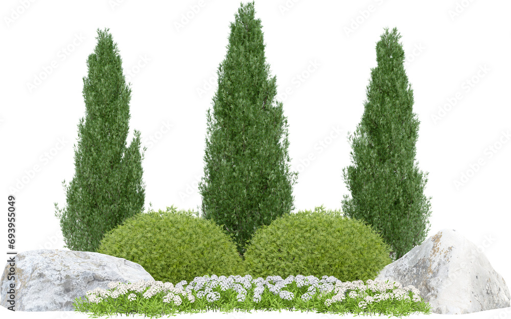 Poster realistic small garden. 3d rendering of isolated objects.