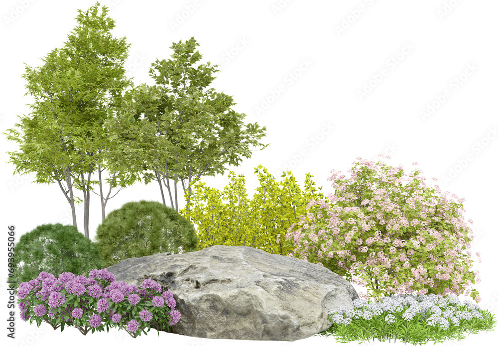 Poster realistic small garden. 3d rendering of isolated objects.