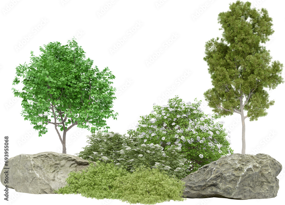 Aufkleber realistic small garden. 3d rendering of isolated objects.