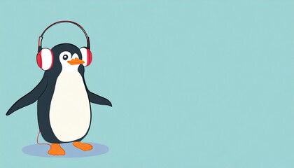 Penguin listening to music with headphones