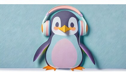 Penguin listening to music with headphones
