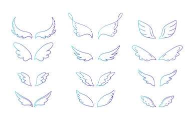 Collection of hand drawn wings in different shapes. Doodle wings collection. Vector illustration