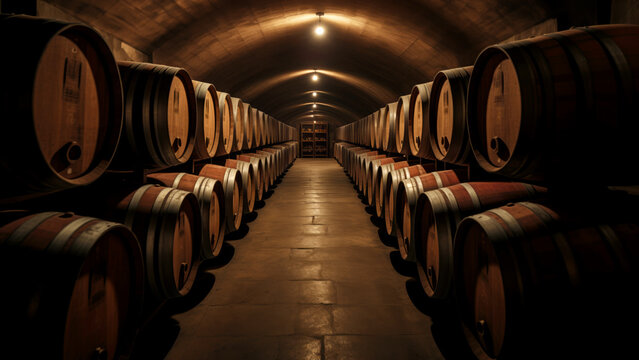 Traditional wine cellar with rows of oak wine barrels along a path leading to a cabinet at the end