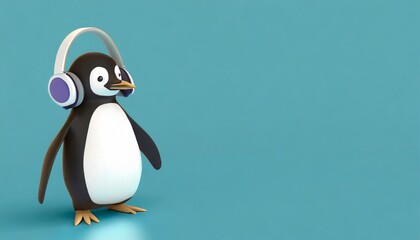 Penguin listening to music with headphones