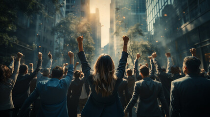 Rear view of the business teams their hands up showing a fist of victory while standing outdoors.