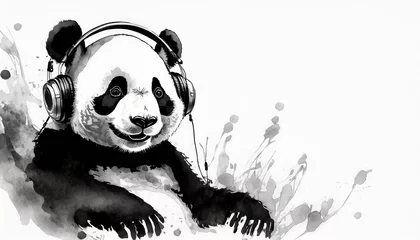 Schilderijen op glas Panda listening to music with headphones © zukangaku