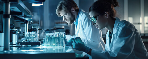 professional health care researchers working in life of medical science laboratory, technology of...