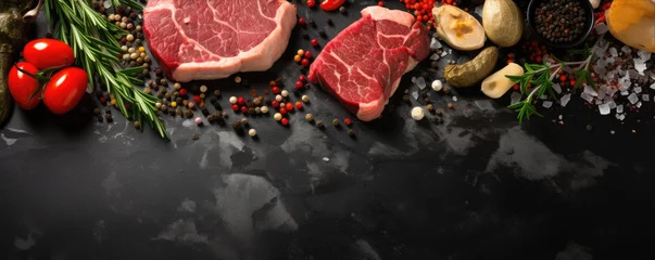 Foto op Canvas Top view of raw beef steak meat with rosemary and seasonings on black stone board background. Free space for your text, banner.  © Daniela