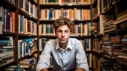 A teenager in a school library, surrounded by towering bookshelves, absorbed in academic pursuits.