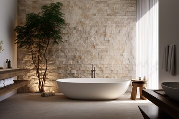 Fototapeta na wymiar Tranquil bathroom oasis featuring a freestanding tub, natural stone accents, and soft ambient lighting