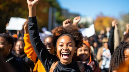 Teenagers participating in a vibrant protest, holding signs and banners advocating for positive change.