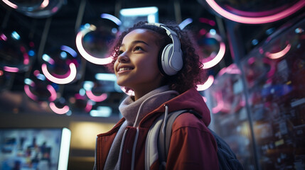 A teenager exploring a futuristic museum, showcasing the intersection of technology and culture.
