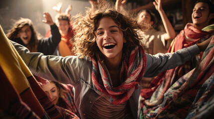 Obraz premium Teenagers gathered in a cozy living room for a movie night, surrounded by blankets and snacks.