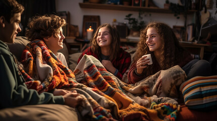 Teenagers gathered in a cozy living room for a movie night, surrounded by blankets and snacks. - obrazy, fototapety, plakaty