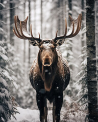 Fototapeta premium Brown moose with huge horns stands in winter snowy forest and looks in camera