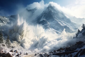 An enormous, powerful avalanche rushes down mountain, sweeping everything in its path - obrazy, fototapety, plakaty