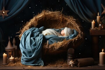 Baby Jesus Christ lies in a lullaby with straw against the backdrop of the starry night sky - obrazy, fototapety, plakaty