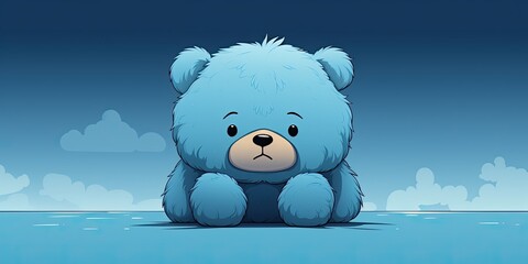 sad plump blue teddy bear, on a blue background, blue monday, copy space, banner - obrazy, fototapety, plakaty