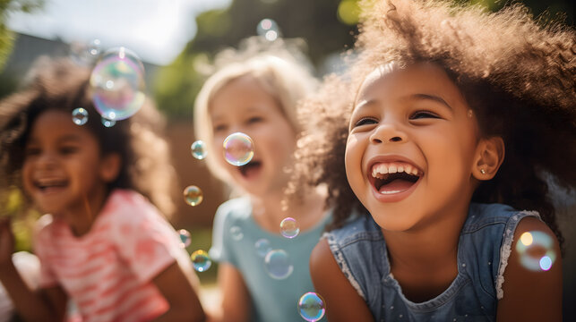 Un groupe d'enfants riant et s'amusant avec des bulles de savon &agrave; l'ext&eacute;rieur par une journ&eacute;e ensoleill&eacute;e.