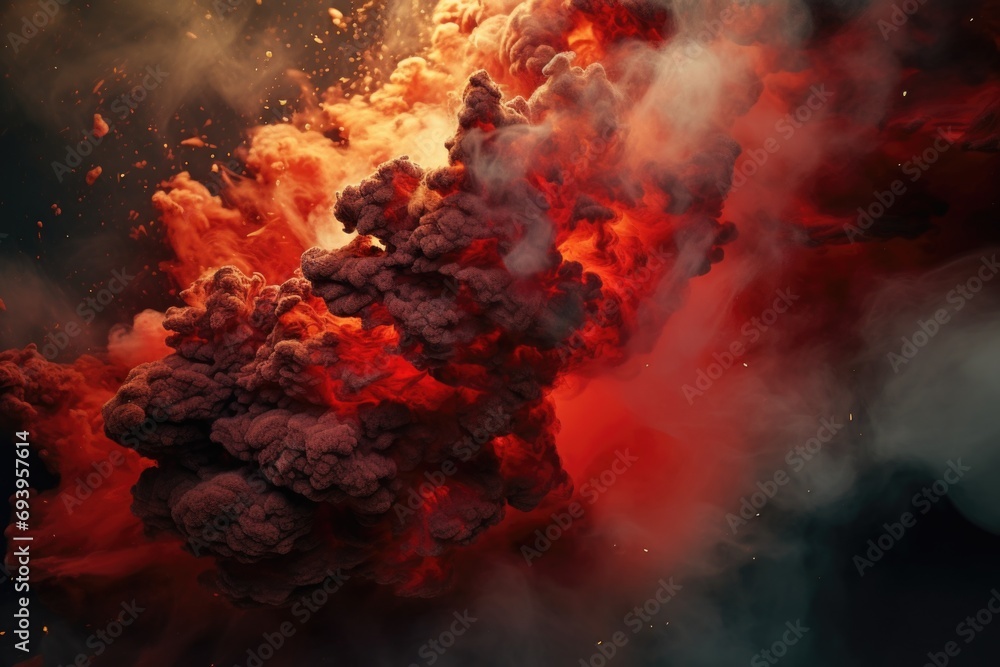 Poster a powerful explosion releasing billowing clouds of red and black smoke. this image can be used to de