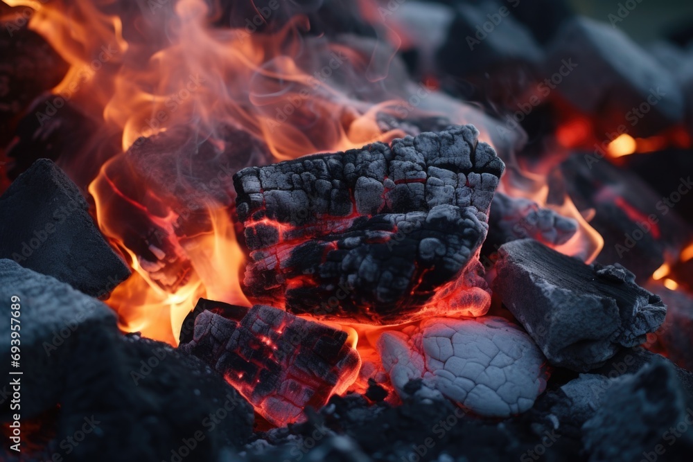 Aufkleber A close-up view of a pile of charcoal and a burning fire. Perfect for adding warmth and ambiance to any project