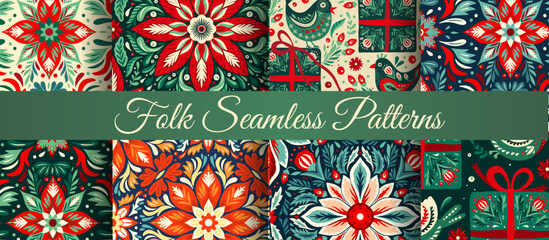 Folk Art Ornament Christmas Seamless Vector. Art Deco Tile Nordic Star Flower Pattern Wrapping Background