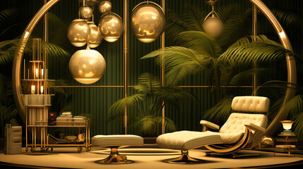 Opulent Gold Accents Adorning Lush Green Lounge with Modern Leather Chair and Artistic Lighting