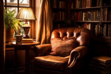 A cozy reading nook with a well-loved leather armchair, a side table stacked with books, and a vintage lamp casting a warm glow - obrazy, fototapety, plakaty