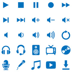 マルチメディアとオーディオのアイコンセット 青