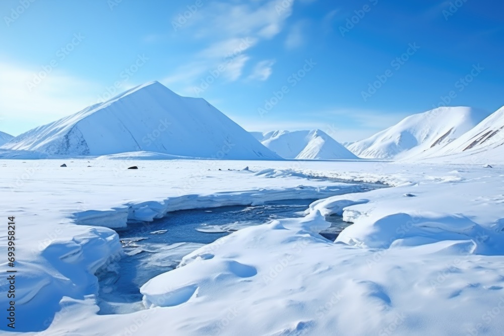 Aufkleber a picturesque scene of a stream of water running through a snow covered field. this image captures t