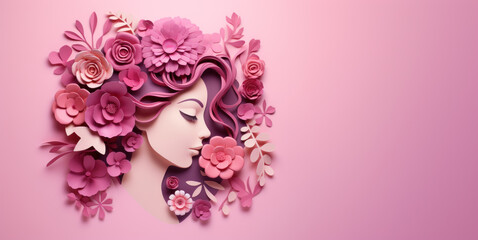 International Women's Day 8 march. Paper art profile of a woman with an elaborate floral hairdo on a pink backdrop.