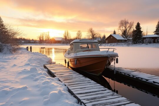 A boat is docked on a snowy dock. This image can be used to depict winter scenery or a serene waterfront setting.