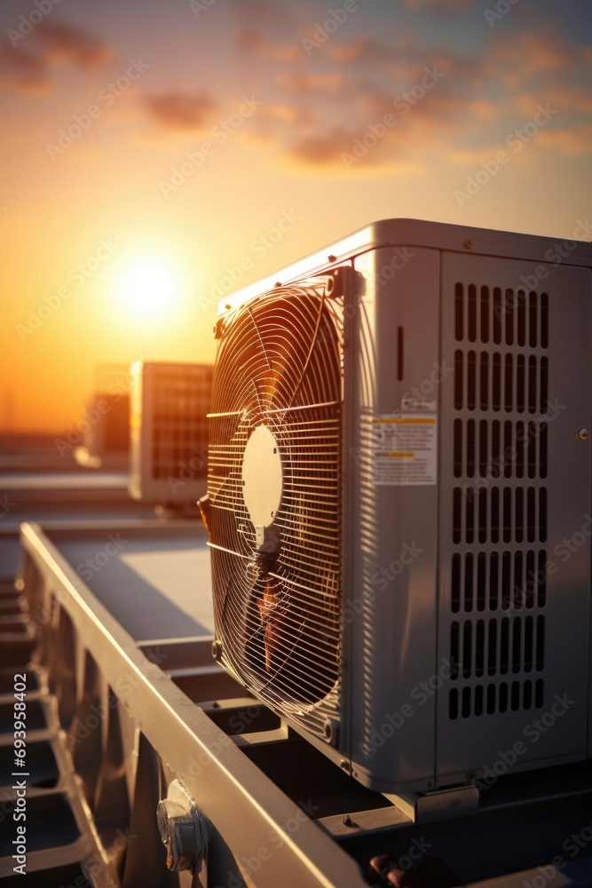 Poster an air conditioner unit placed on top of a roof. can be used to regulate the temperature in building