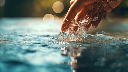 A person's hand creating a splash by splashing water into a pool. This image can be used to depict summertime fun or refreshing activities