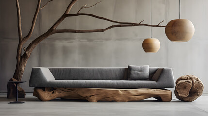 Un salon contemporain avec un canapé en tissu gris sur une base en bois naturel sculpté. - obrazy, fototapety, plakaty